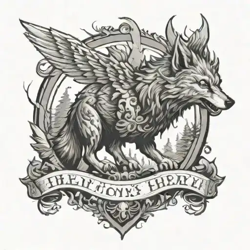 A fighting wolf surrounded by a forest with a road in the background. A reborn phoenix is inscribed in the background. tattoo design idea