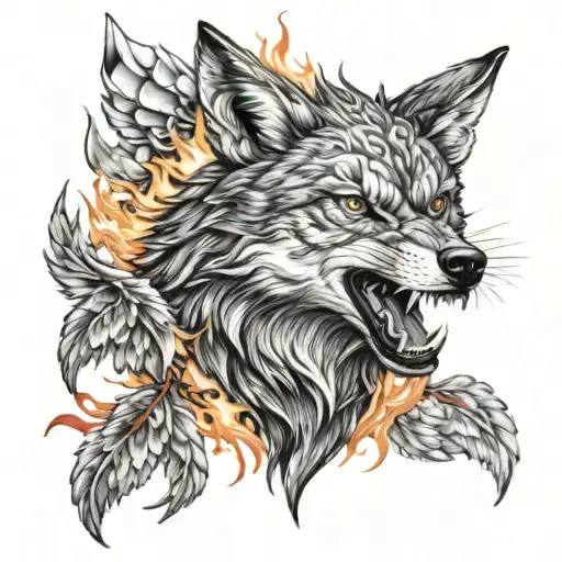 Fighting wolf face next to reborn phoenix rising from the ashes tattoo design idea