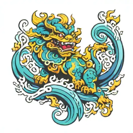 Foo dog LSD acid waves flowing tattoo design idea