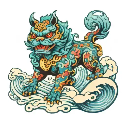 Foo dog with trippy LSD waves tattoo design idea