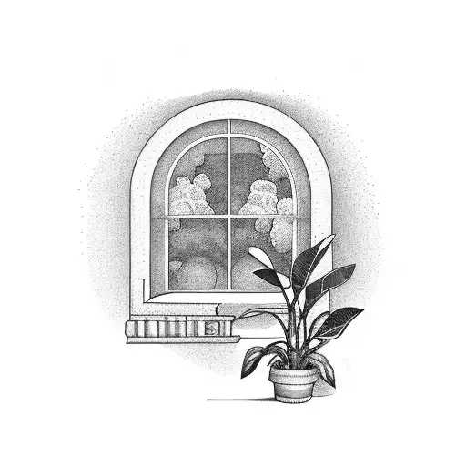 arched Window covered with growing house plants from the inside with a shelf holding plants and a bookcase tattoo design idea
