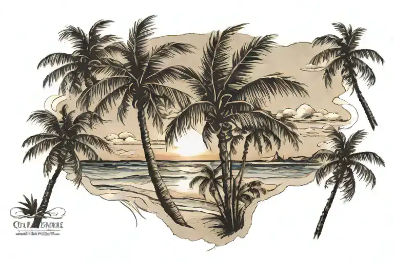 palm tree, beach, sunset scene tattoo design idea