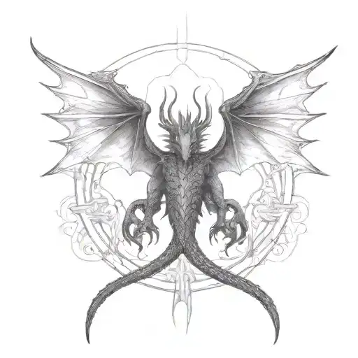 a tattoo sketch- a black dragon, horizontally, with open wings in gothic style and simple tattoo design idea