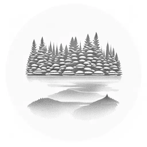 A panoramic view of a serene mountain lake surrounded by tall pine trees tattoo design idea