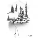 A fly fisherman casting their line into a crystal-clear mountain stream tattoo design idea