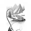 A fly fisherman casting their line into a crystal-clear mountain stream tattoo design idea