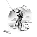 A fly fisherman casting their line into a crystal-clear mountain stream tattoo design idea