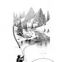 A fly fisherman casting their line into a crystal-clear mountain stream tattoo design idea