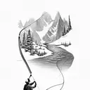 A fly fisherman casting their line into a crystal-clear mountain stream tattoo design idea