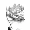 A fly fisherman casting their line into a crystal-clear mountain stream tattoo design idea