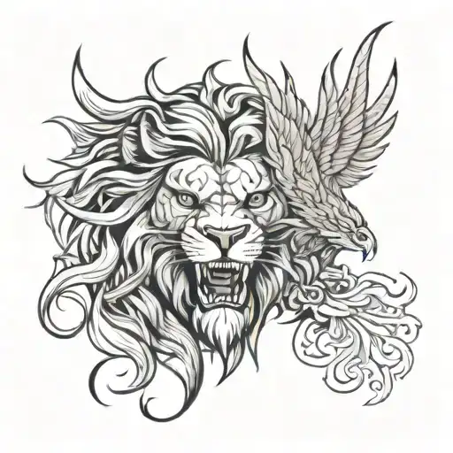 scary and lion head and phoenix tattoo design idea