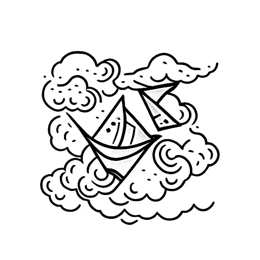 Paper plane flying through Japanese clouds  tattoo design idea