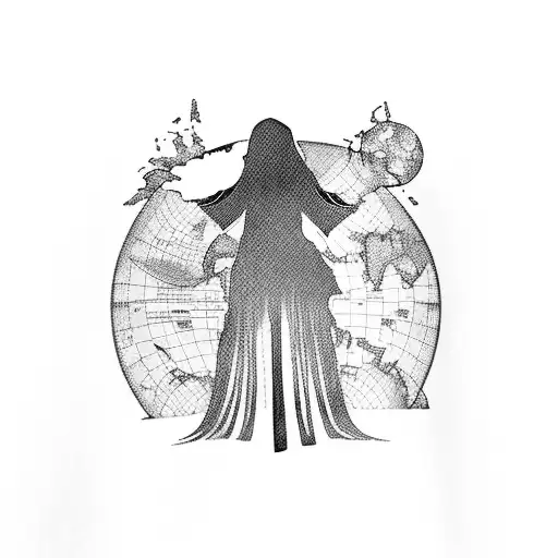 A silhouette of Stevie Nicks with a map of the world as her dress tattoo design idea