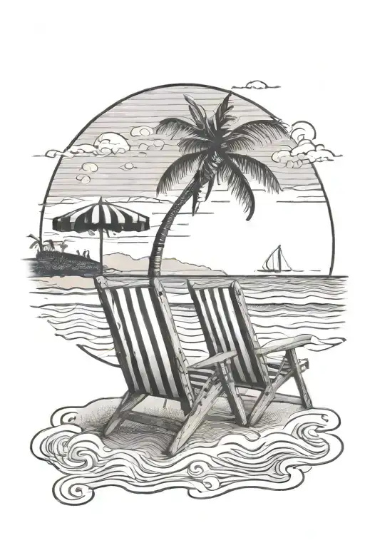 beach, waves, sunset, 3 beach chairs facing the sea tattoo design idea