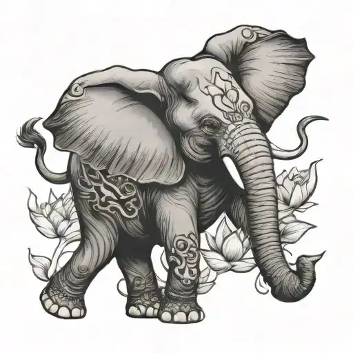 elephant and lotus flower blooming tattoo design idea
