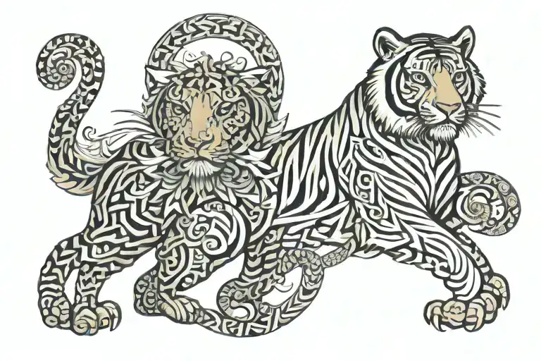 Tiger, Angel, Crane, Pine, Aquarius Celtic Sign tattoo design idea