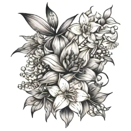 daffodil, Lily of the valley, gladiolus, marigold, violets, crysanthemums  tattoo design idea