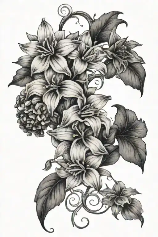 flower vine with violet, daffodil, daisy, lily of the valley, marigold, and narcisus flowers  tattoo design idea