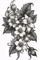 flower vine with violet, daffodil, daisy, lily of the valley, marigold, and narcisus flowers  tattoo design idea