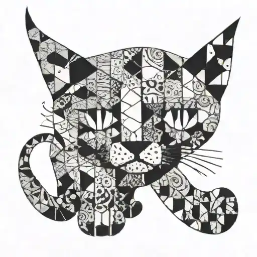 A patchwork style tattoo of a cat made up of various sketchy patterns tattoo design idea