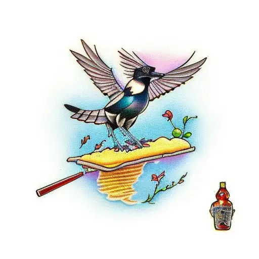 magpie standing on a baked pie tattoo design idea