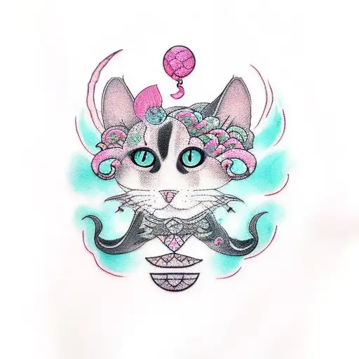 black cat with a mermaid tail, pink and teal, tattoo design idea