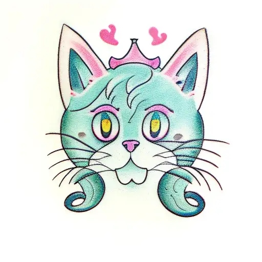 black cat with a mermaid tail, pink and teal, holding a cupcake tattoo design idea