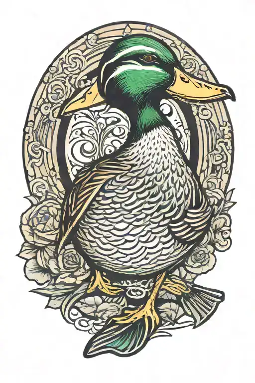mallard duck sitting side view camera lens surrounded tattoo design idea