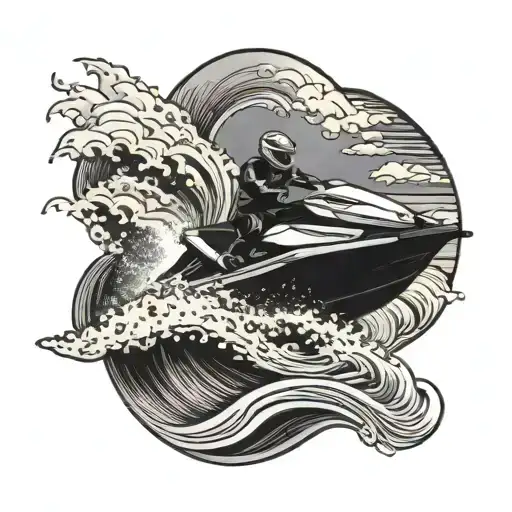 A seadoo racing through turbulent waves with a sunset backdrop tattoo design idea