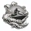 A seadoo racing through turbulent waves with a sunset backdrop tattoo design idea