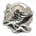 A seadoo racing through turbulent waves with a sunset backdrop tattoo design idea