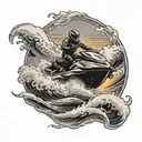 A seadoo racing through turbulent waves with a sunset backdrop tattoo design idea