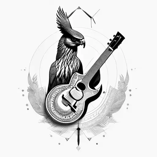 Common Buzzard with electric base guitar tattoo design idea