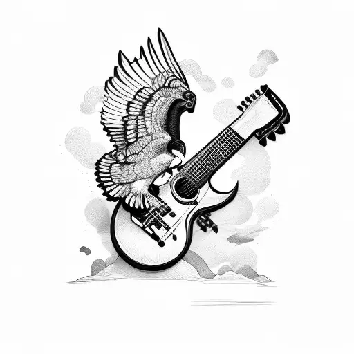 Common Buzzard with electric base guitar tattoo design idea