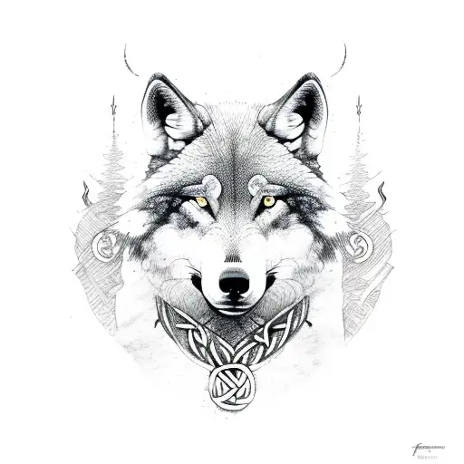 trees Viking runes wolf tattoo design idea