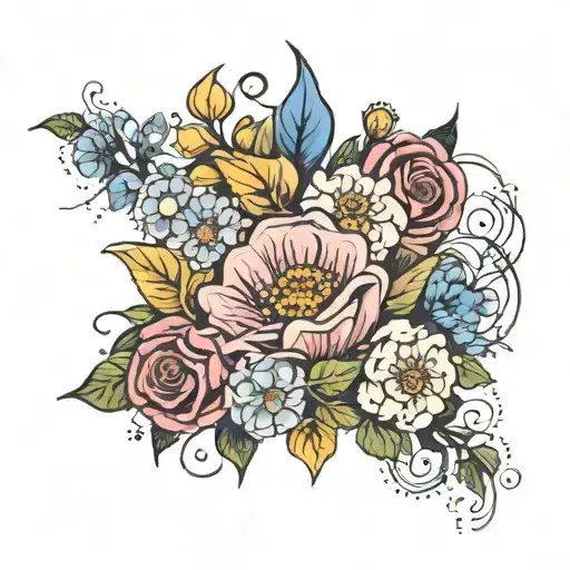 feminine arm tattoo with daisy, rose, morning glory, cosmo flowers, and white dandelions  tattoo design idea