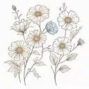 feminine arm tattoo with daisy, rose, morning glory, cosmo flowers, and white dandelions  tattoo design idea
