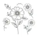 feminine arm tattoo with daisy, rose, morning glory, cosmo flowers, and white dandelions  tattoo design idea