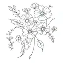feminine arm tattoo with daisy, rose, morning glory, cosmo flowers, and white dandelions  tattoo design idea