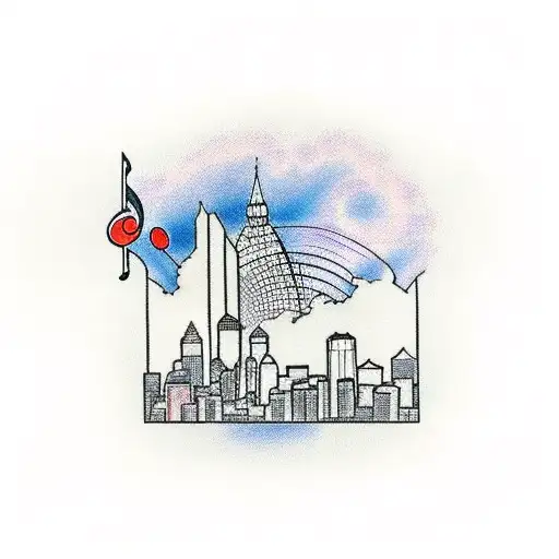 A traditional tattoo of a Cincinnati skyline with music notes intertwined tattoo design idea