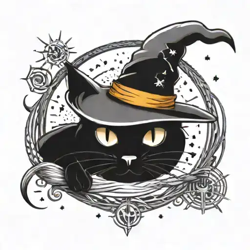 black cat, witch hat, witch broom, moon surrounded by stars tattoo design idea