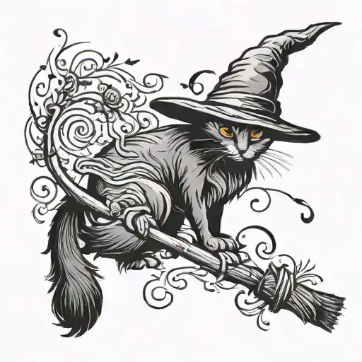 black cat silhouette, witch hat, witch broom stick flying tattoo design idea
