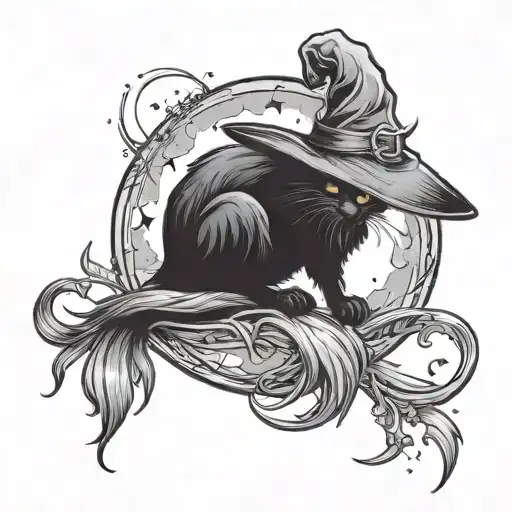 black cat, witchbroom, witch hat, crescent moon rising tattoo design idea