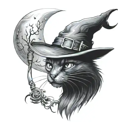 black cat, witchbroom, witch hat, crescent moon  tattoo design idea