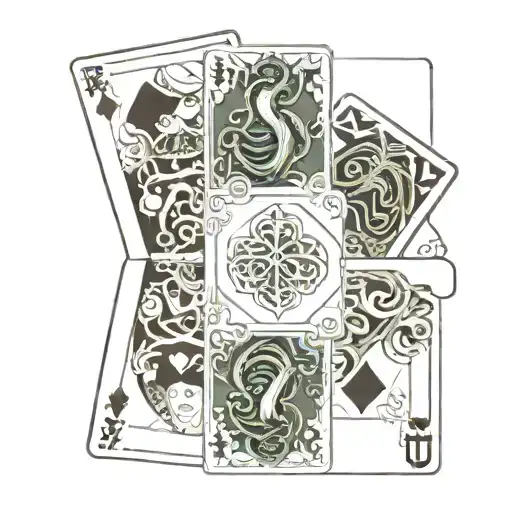 4 playing cards spread like a poker hand, all the cards are 5 of hearts and they have a Cthulhu design on them tattoo design idea