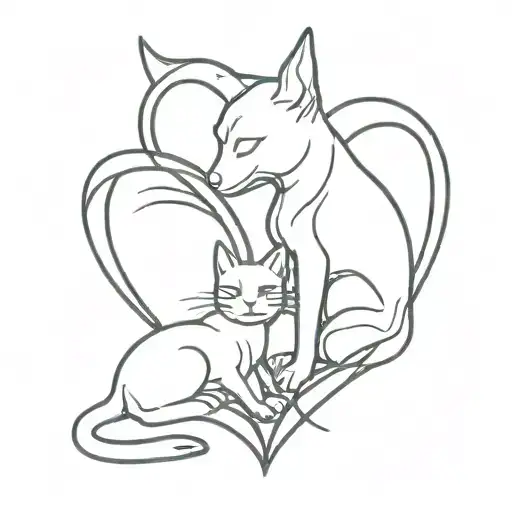 A modern design of a broken heart with a cat and a dog embracing each other, symbolizing the support and love that animals provide in times of sadness tattoo design idea