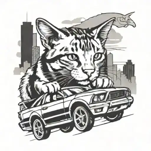 A cat sitting on top of a 2003 Ford Mustang car with a city skyline in the background tattoo design idea