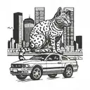 A cat sitting on top of a 2003 Ford Mustang car with a city skyline in the background tattoo design idea