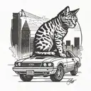 A cat sitting on top of a 2003 Ford Mustang car with a city skyline in the background tattoo design idea