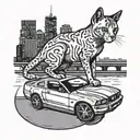 A cat sitting on top of a 2003 Ford Mustang car with a city skyline in the background tattoo design idea